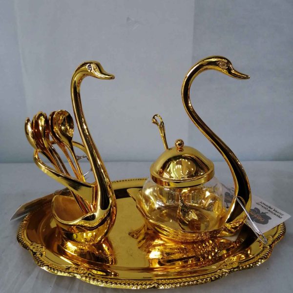 Royal Golden Swan Spoon holder and sugar pot w tray