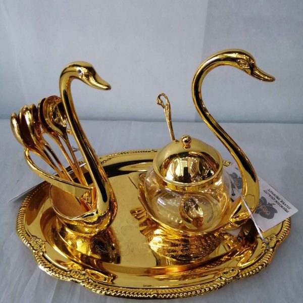 Royal Golden Swan Spoon holder and sugar pot w tray