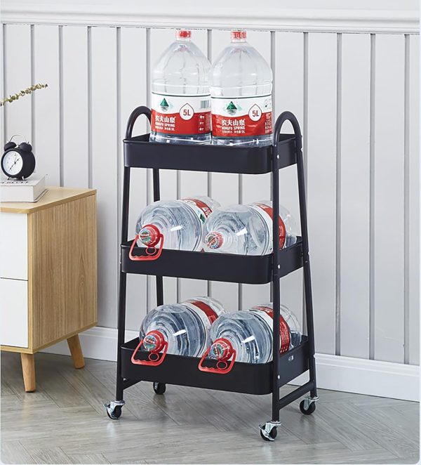 3-Tier Rolling Storage Cart - Black Wire Basket Organizer on Wheels - Image 3