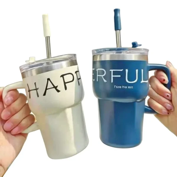 Positive Vibes 600ml Stainless Steel Coffee Mug with Straw, Lid & Handle